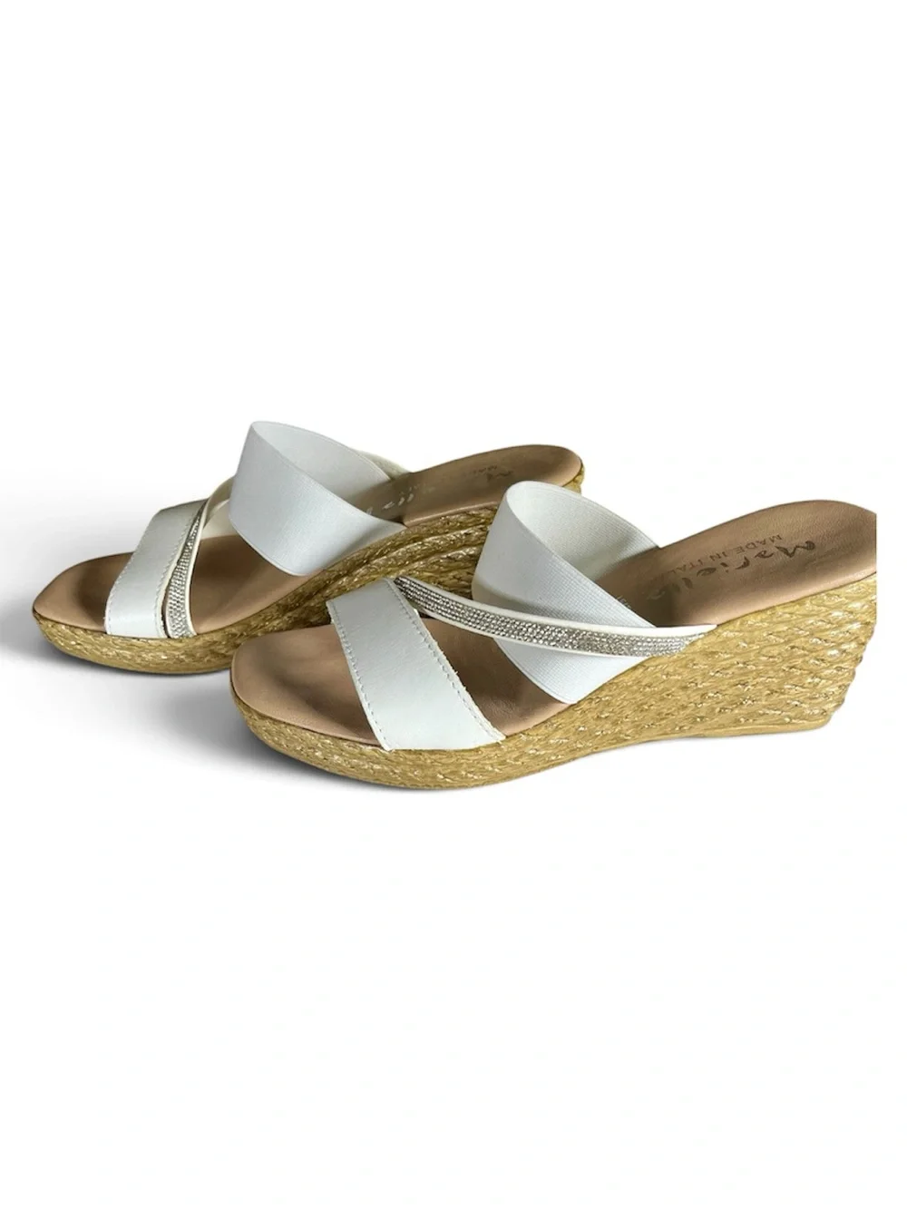 Mariella Made in Italy White Rhinestone Wedge Slide Sandals Size 8